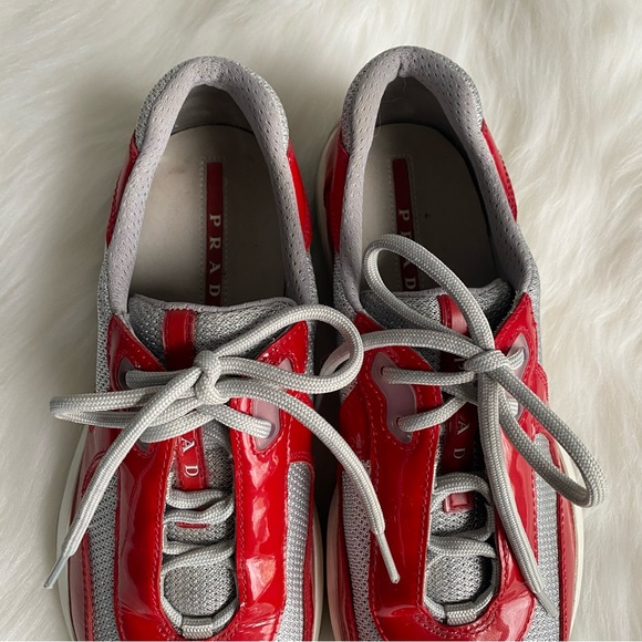 Prada America’s Cup Red Patent Leather & Silver Mesh Lace-Up Men’s Sneakers - Picture 3 of 16